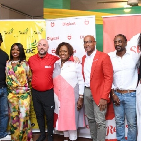 From left: Entertainers Lukie D and Pamputtae; CEO of Digicel, Stephen Murad; Minister of Culture, Gender, Entertainment and Sport, the Honourable Olivia Grange; Head of Commerce at Red Stripe, Sean Wallace; entertainer Christopher Martin; and media personality Kerry-Ann “Chiney K” Collins. They share a moment after the I LOVE JAMAICA Telethon Media Briefing, held on Thursday, November 6, 2025, at the Roof Terrace of the Ministry in Kingston.